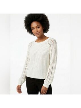 AMERICAN EAGLE Cotton Blend Cream Cropped Rib Knit Pointelle Sleeves Sweater M